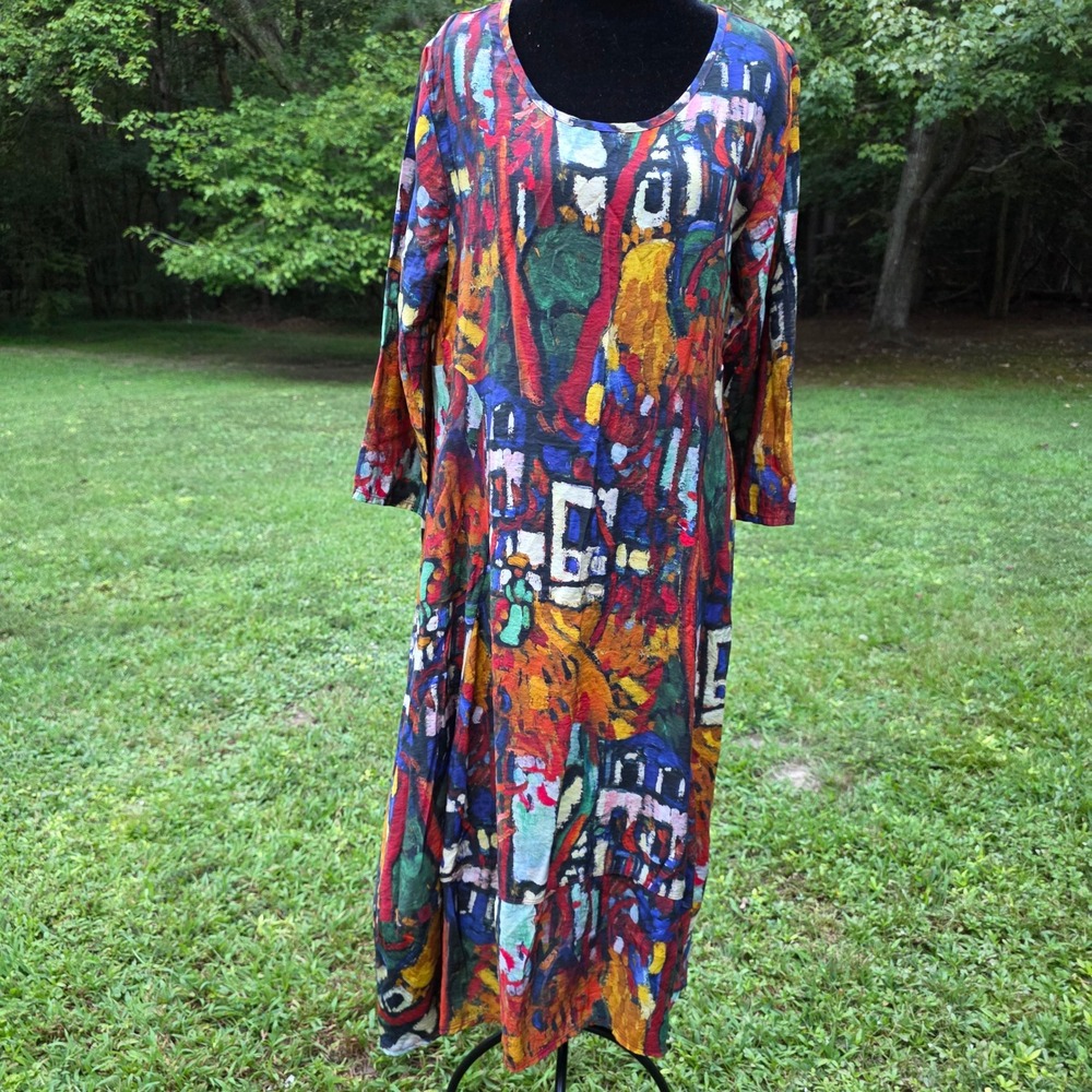 SHANA Womens M Multicolor Abstract Maxi Dress Cocoon Lagenlook Art to Wear